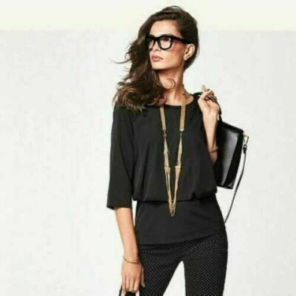 CAbi Black Indulgence Blouse Split Back Banded Waist Zip Back Style #5205